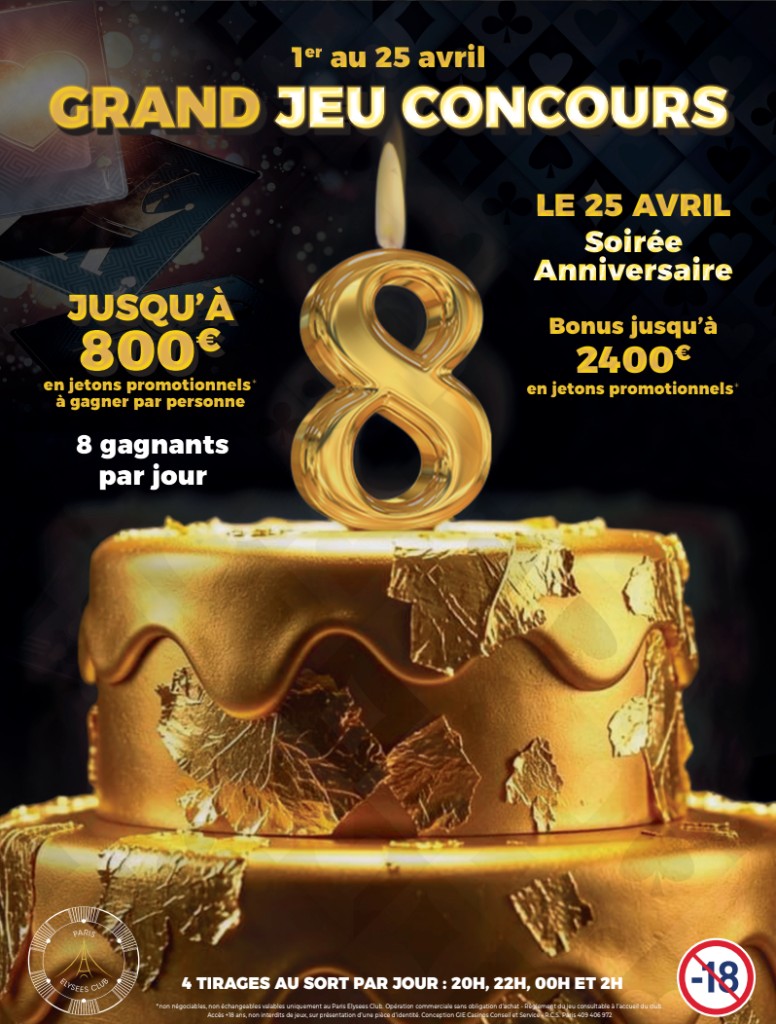 Affiche du jeu concours anniversaire 8 ans du Paris Elysées Club